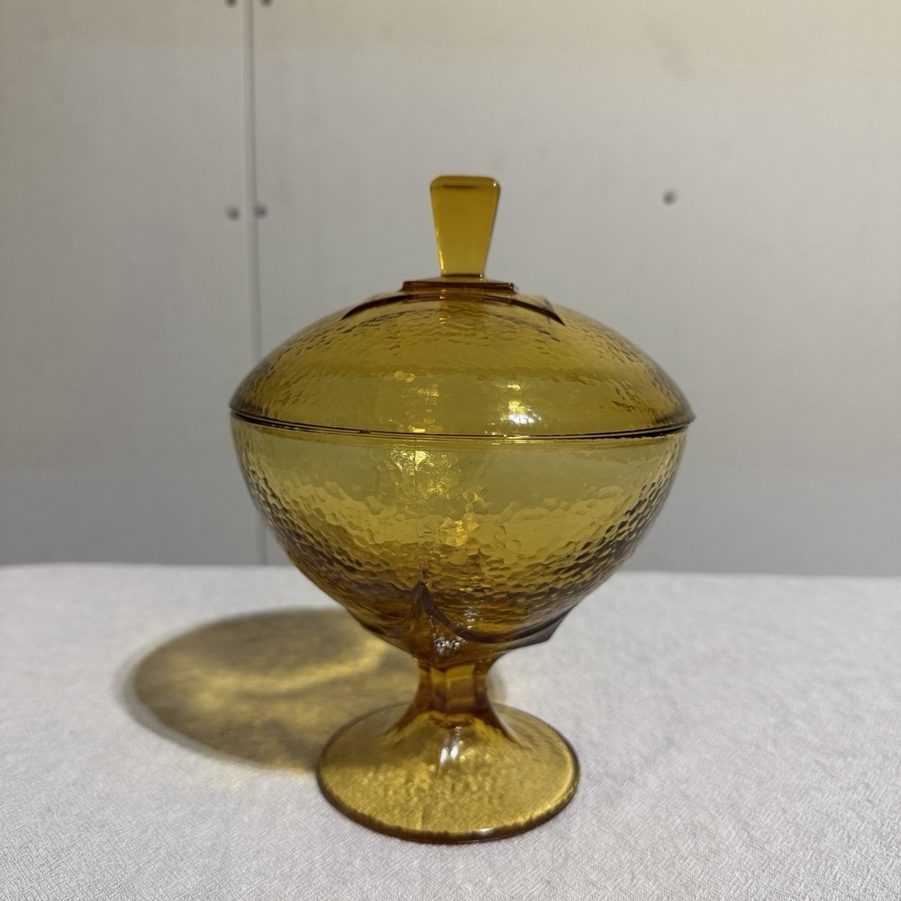 Vintage Jeanette Amber Glass Pedestal Candy Dish With Lid Pebble Stone Pattern